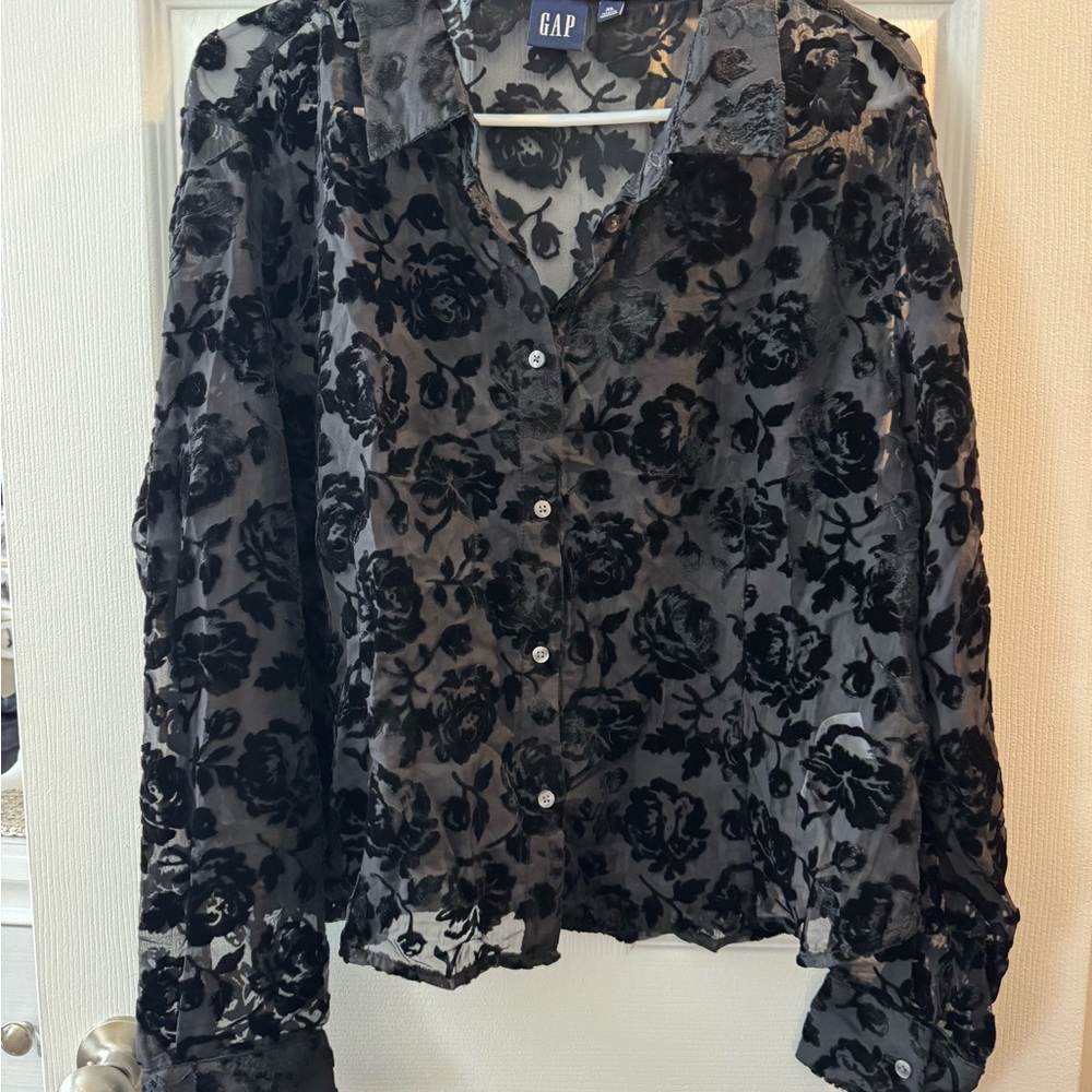 GAP Women's Sheer Black Floral Button Down Shirt
